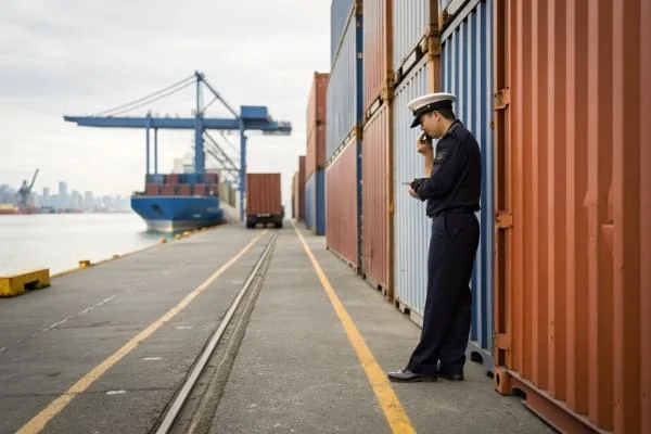 A customs officer inspecting a shipping container at a Canadian port