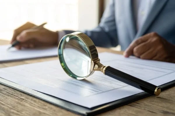 A magnifying glass over a business license to verify a freight forwarder's legitimacy