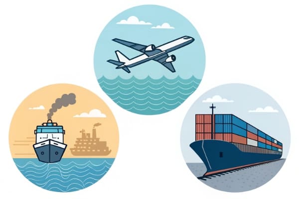 Icons representing air, sea, and rail freight