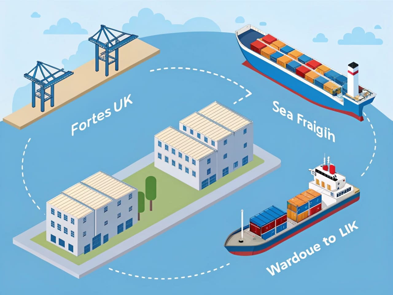 Infographic showing the step-by-step sea freight process from a factory in China to a warehouse in the UK