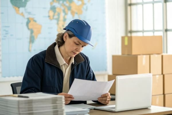 Logistics professional reviewing shipping documents for the UK