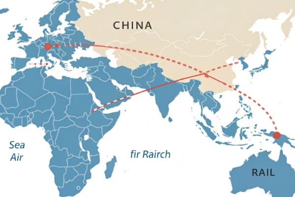 Map showing shipping routes from China to Germany for sea, air, and rail