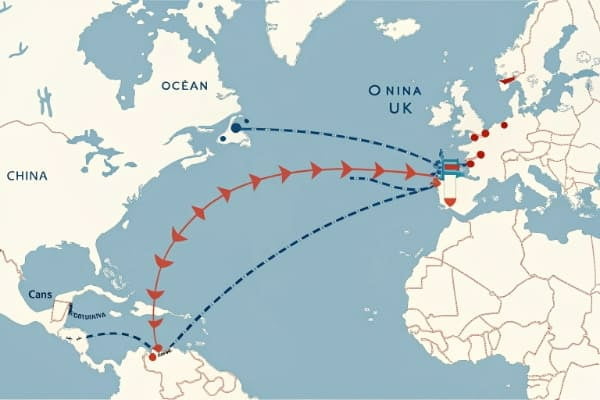 Map showing shipping routes from China to the UK