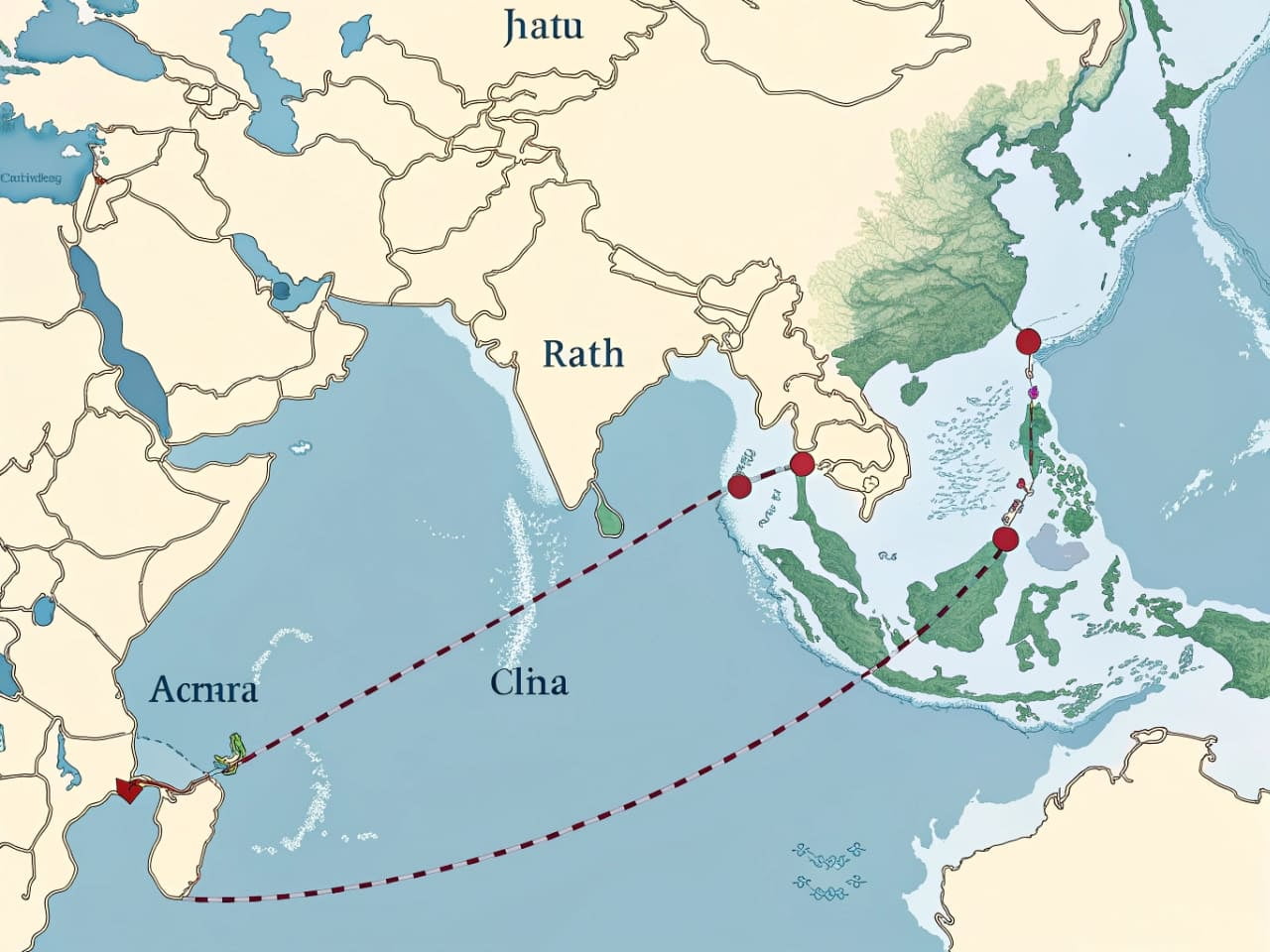 Map showing shipping route from China to Qatar