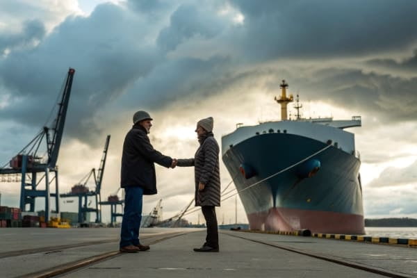 People shaking hands in front of a cargo ship