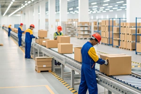 People working in a logistics warehouse