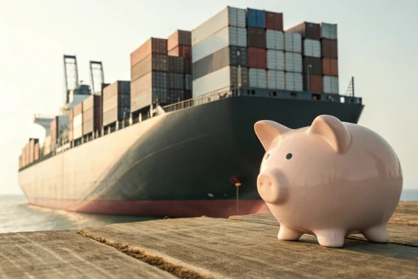 Piggy bank next to a cargo ship to show savings