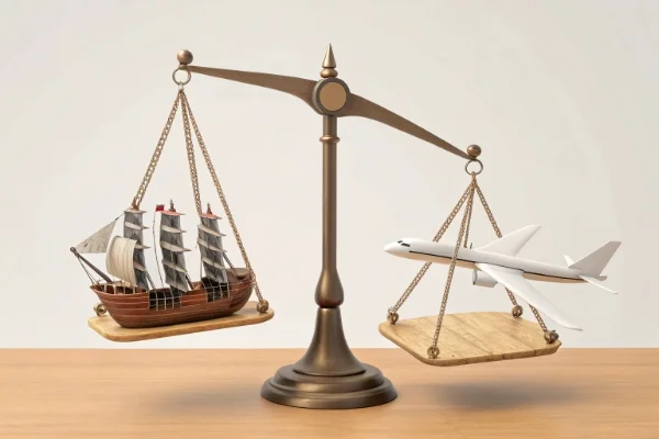 A scale balancing a ship and an airplane