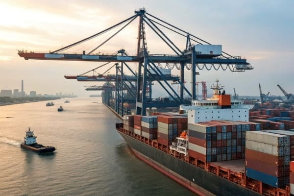 Sea freight containers being loaded onto a ship from China to New Zealand