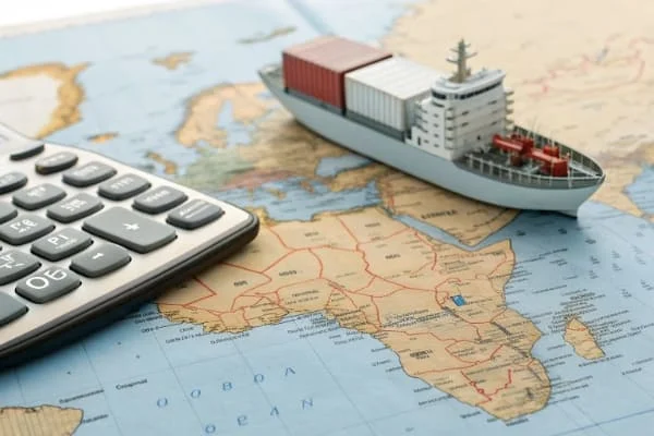 A calculator and a miniature container ship on a world map
