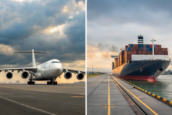 Side-by-side comparison of a cargo plane and a container ship