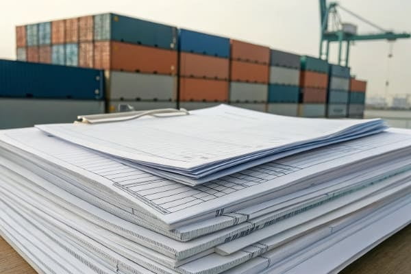 A calculator and shipping documents on a desk