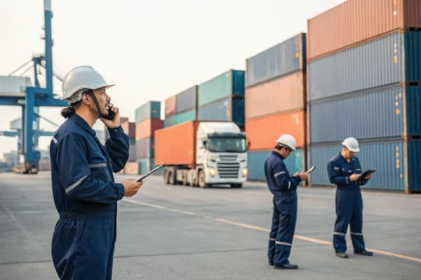 Team of freight forwarders coordinating a shipment