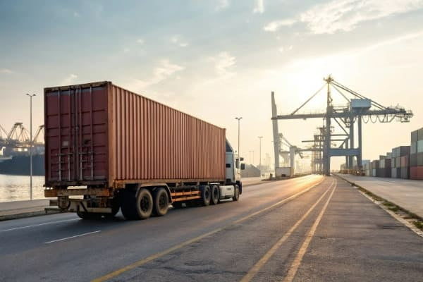Truck delivering a container from a port to a warehouse