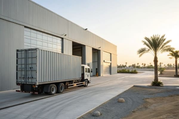 Truck delivering a container to a warehouse in UAE