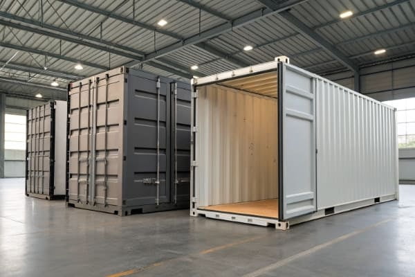 Two shipping containers, one full (FCL) and one partially filled (LCL)