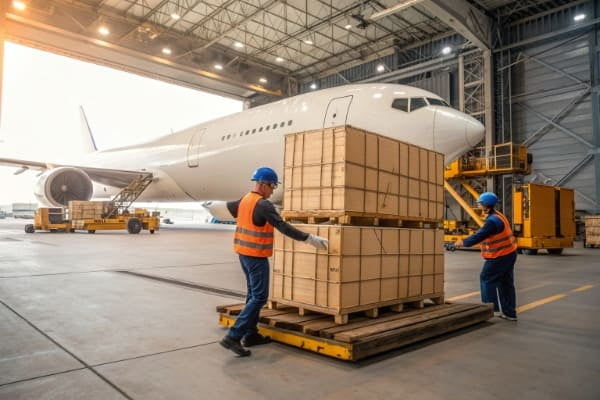 Warehouse workers preparing pallets for air shipment