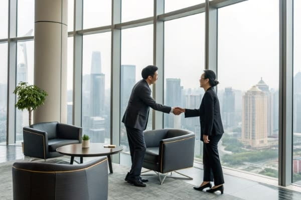 A business person shaking hands with a sourcing agent in a modern office in China