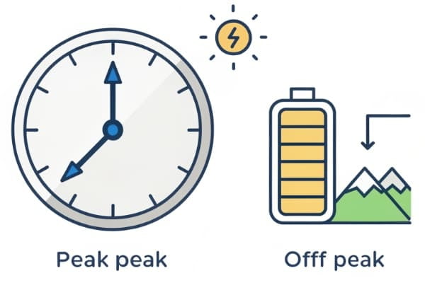 A clock graphic showing peak and off-peak electricity pricing times, with a battery icon discharging during the expensive peak period.