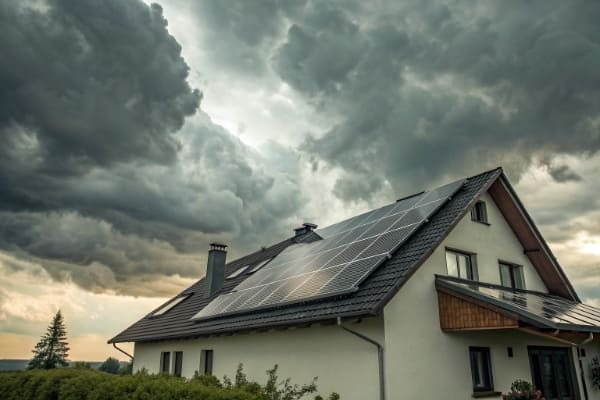 A cloudy day with solar panels on a roof, illustrating intermittency