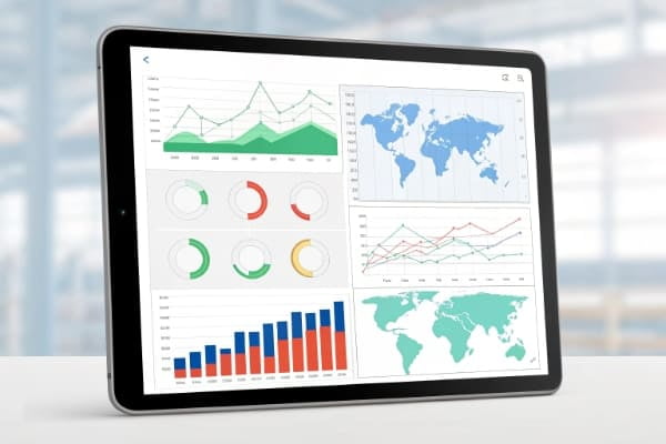 A dashboard on a tablet showing supply chain analytics and tracking