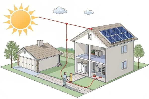 A diagram showing how solar energy is converted to electricity for a home
