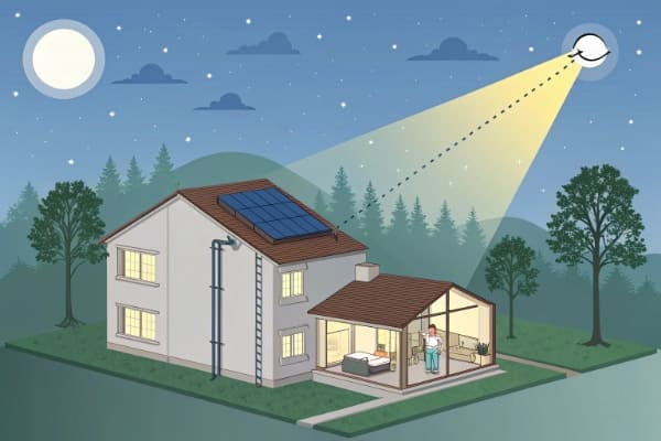 A diagram showing solar energy being stored in a battery for nighttime use.