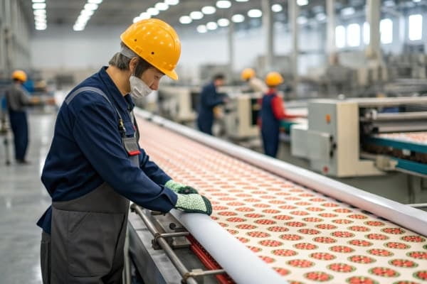 A factory worker inspecting a custom promotional product on a production line