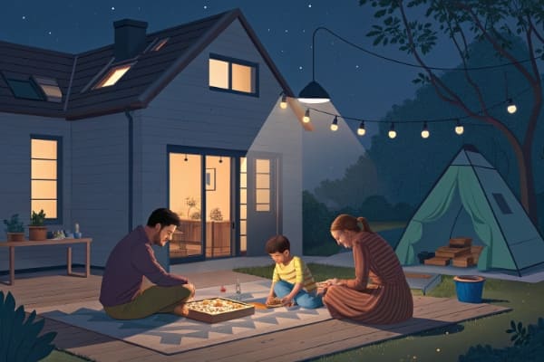 A family enjoying their home during a blackout, with lights on thanks to a hybrid inverter and battery