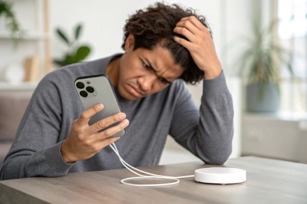 A frustrated person looking at a phone that won't stick to a MagSafe charger because of a thick case