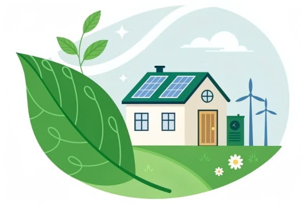 A green leaf icon with a home inside, showing solar panels, a battery, and clean energy flows, representing a reduced carbon footprint.