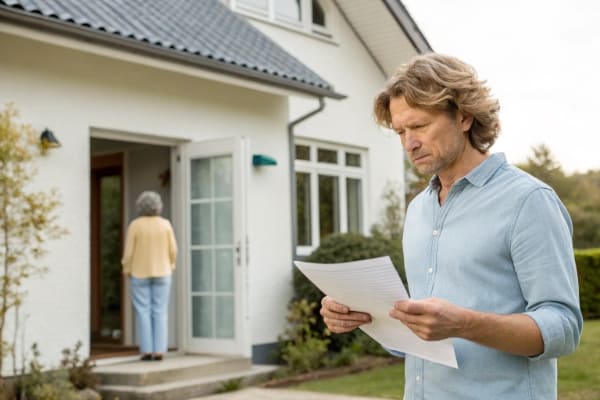 A homeowner looking at an invoice with a concerned expression, illustrating the higher cost of hybrid systems