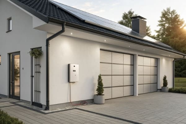 A hybrid solar inverter installed in a modern home garage, connected to a battery storage system and a solar panel array.