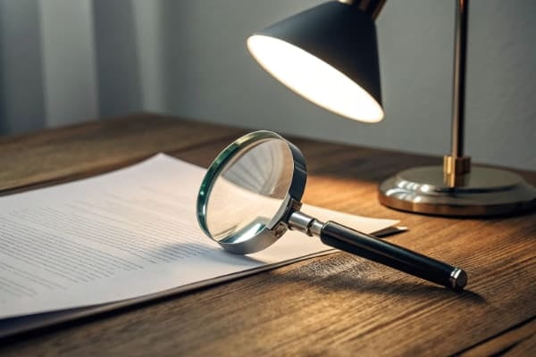 A magnifying glass inspecting a contract to show reliability and transparency