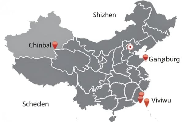 A map of China highlighting major industrial cities like Shenzhen, Yiwu, and Guangzhou