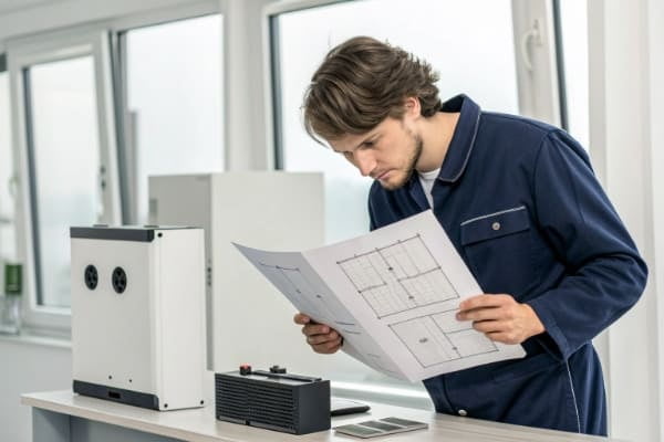 A person comparing spec sheets for different hybrid inverters