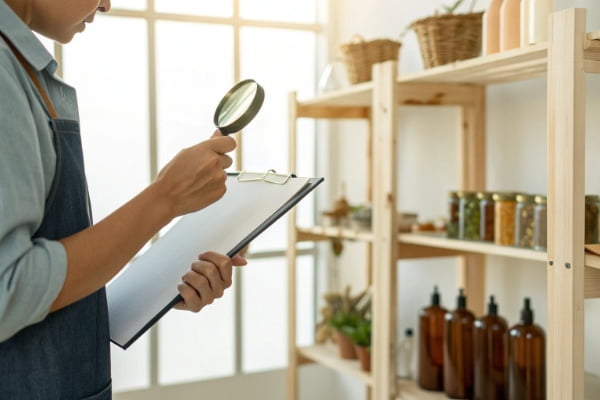 A person inspecting a product with a checklist for sustainability and compliance
