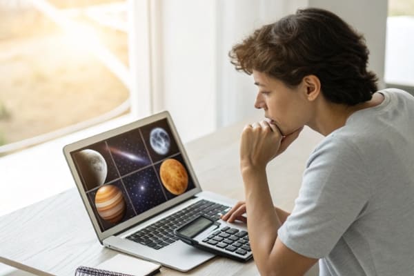 A person using a calculator in front of a laptop showing solar system options, weighing the costs and benefits