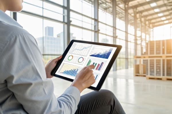 A person using a tablet to view a supply chain management dashboard with charts and data