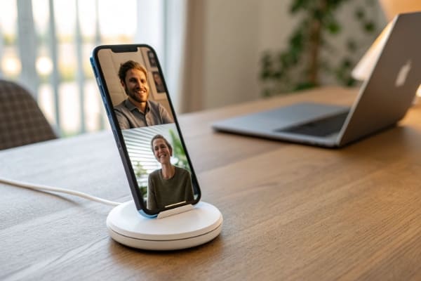 A phone on a MagSafe stand charging while being used for a video call