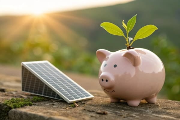 A piggy bank next to a solar panel, with a green leaf growing from it