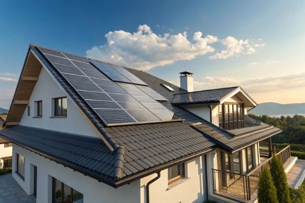 A rooftop with modern solar panels installed under a clear blue sky
