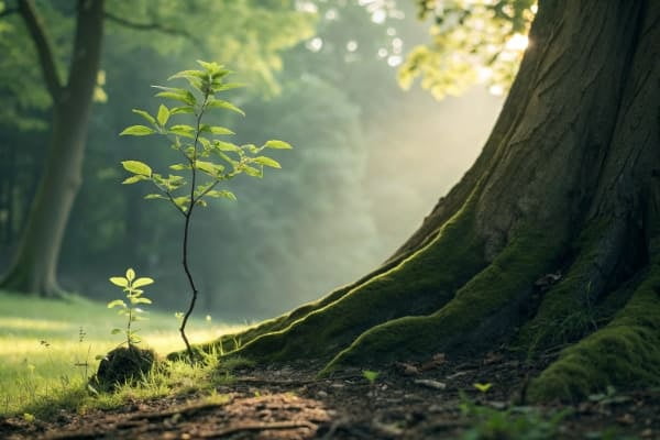 a small plant growing into a large tree