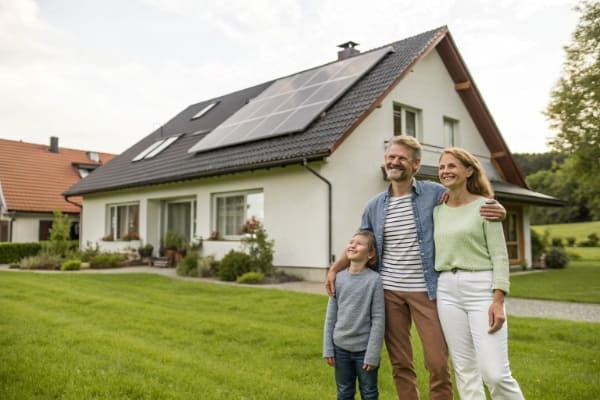 A smiling family standing in front of their home with solar panels on the roof