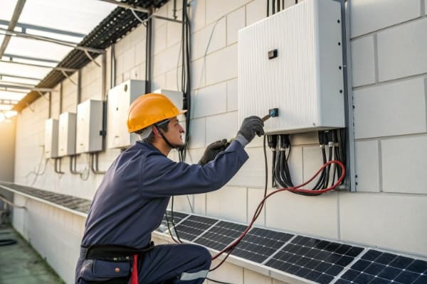A technician performing a check-up on a clean and well-maintained hybrid solar inverter
