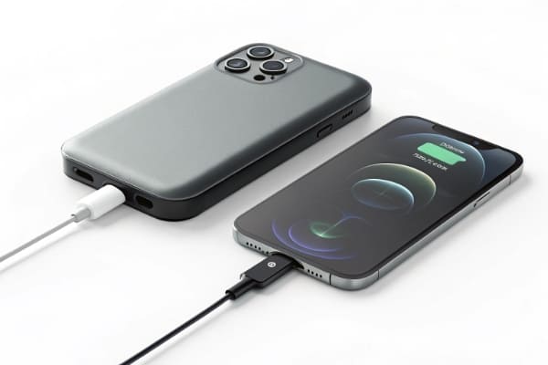 A third-party MagSafe compatible power bank attached to an iPhone