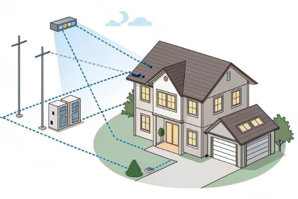 A diagram showing power flowing from a battery to a house during a grid outage, managed by a hybrid inverter