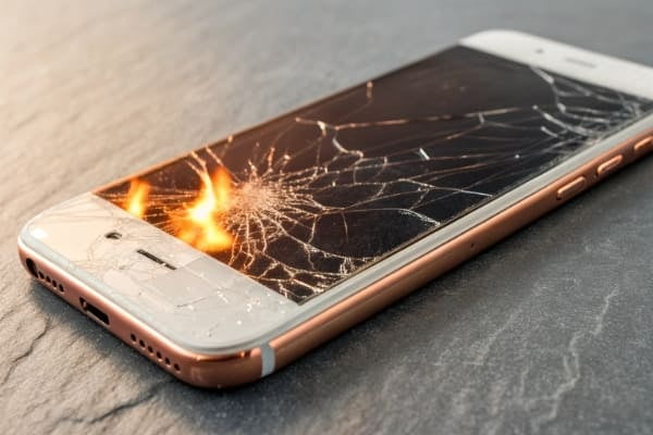 A phone that has overheated and a cracked screen from being dropped by a weak magnetic mount.