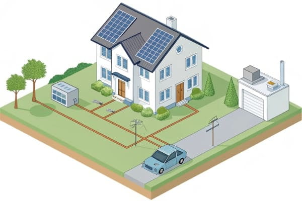 An animated diagram showing solar energy flowing from panels to a hybrid inverter, then splitting to power the house, charge a battery, and send surplus to the grid.