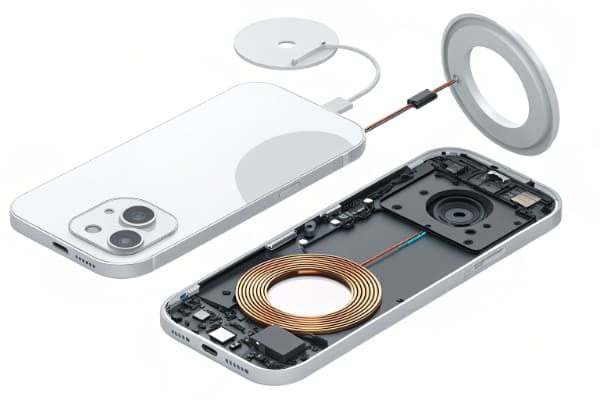 An exploded view showing the magnet ring and charging coil in a phone and a MagSafe charger.